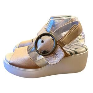 Fly London Metallic Bronze Platform Wedge Sandals Ankle Strap Buckle 38